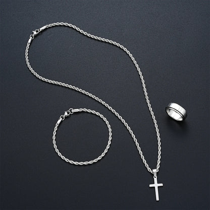 Stainless Steel Simple  3 piece Jewelry Set For Men /Women.  Fashion Silver Color,  Cross Pendant,  Twisted Rope Necklace and Bracelets with Ring Gift.
