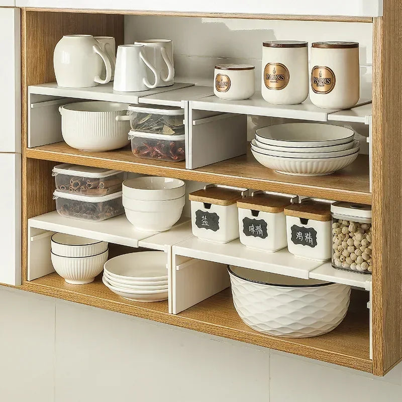 Kitchen Cupboard Organizer  with Retractable Cabinet Shelf .  For Seasoning , Bottles, Spice Rack, Dishes and Kitchen Accessories Storage Rack