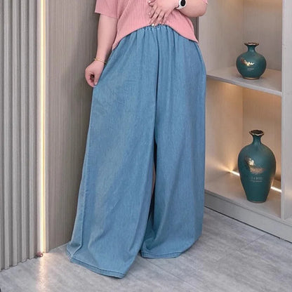 Women's Plus Size Lightweight Lyocell Jeans/Culottes High Waisted, Wide Leg Pants With Draped Ice Silk Fabric For Spring Summer