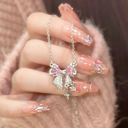 Fashion Pink Crystal Heart Bow Tie Pendant Necklace. Silver Color Chain.  Necklace for Women on Valentines for Aesthetic Jewelry