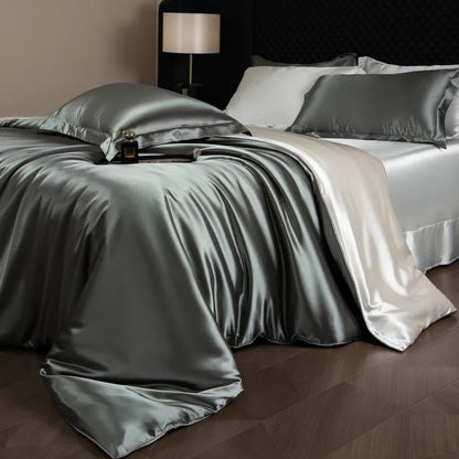 Silk Bed Sheets Set,   Luxury Bedding Set with Duvet Cover,  Fitted/Flat Bedsheet,  Pillowcases, Mixed with Rayon, King /Queen/ Full T/win