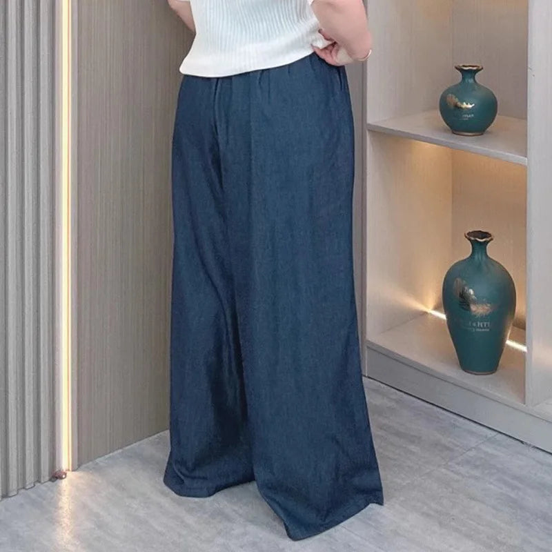 Women's Plus Size Lightweight Lyocell Jeans/Culottes High Waisted, Wide Leg Pants With Draped Ice Silk Fabric For Spring Summer