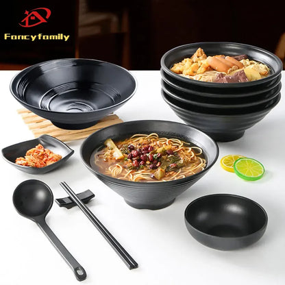 Fancy family Black Frosted Melamine.  Japanese Style Beef Ramen Bowl with Bamboo Hat Shape . Soup Bowl Tableware