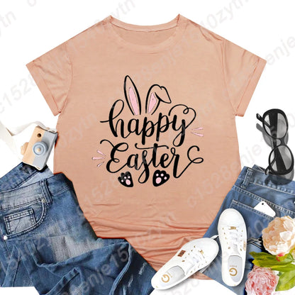 Cute Happy Easter Bunny Print T-Shirts  for Junior Women , Short Sleeve,  Round Neck Tee Shirt Casual,  Soft Summer,  Solid Color T Shirt /Tops