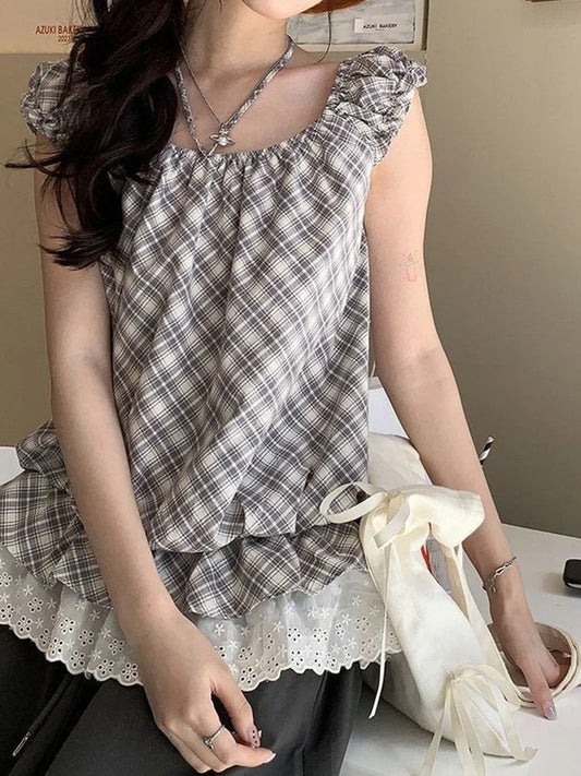 Crop Tops for Girls/ Women.   Plaid, Spliced,  Sleeveless,  Ruffled Lace  Fashion Tank. New Chic Female Tops