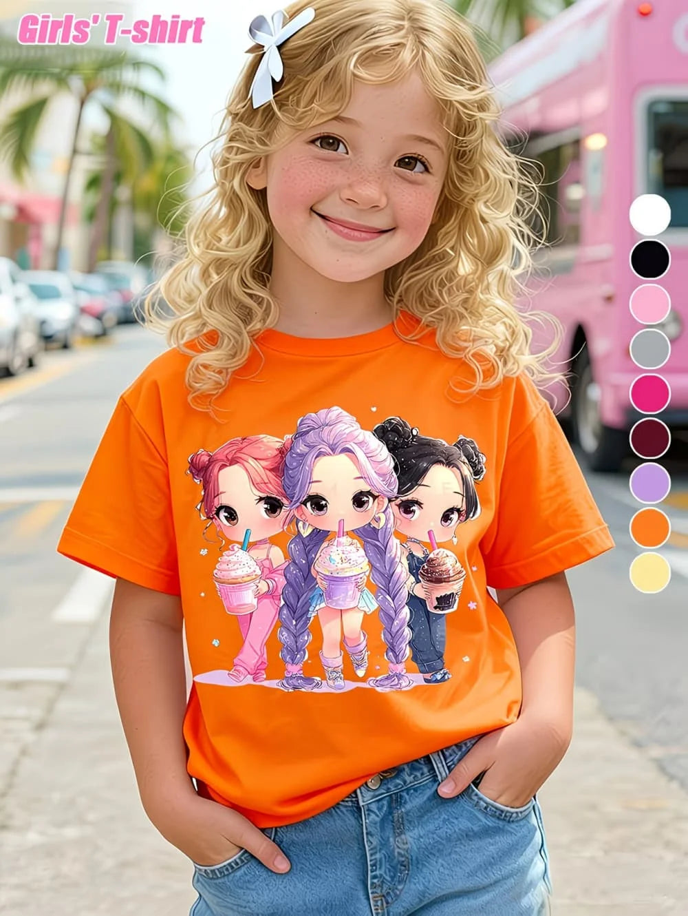 Summer, Kpop Popular Cartoon Print,  Children's Design,  Casual Style,  Round Neck,  Short Sleeved Top,  Kids Clothes