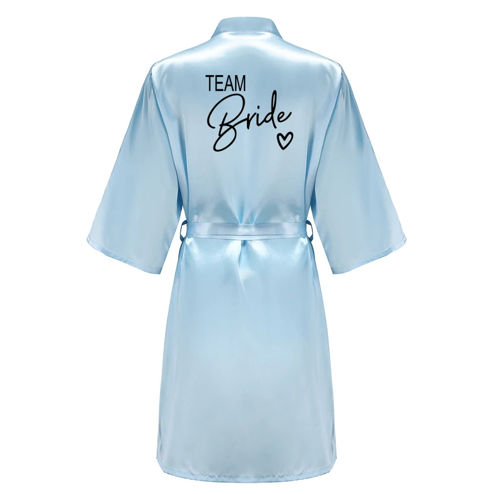 Wedding Party Team Bride Robe With Black Letters, Kimono Style Satin Bridesmaid Bathrobes