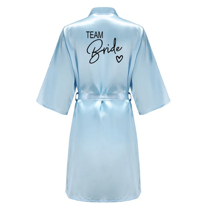 Wedding Party Team Bride Robe With Black Letters, Kimono Style Satin Bridesmaid Bathrobes