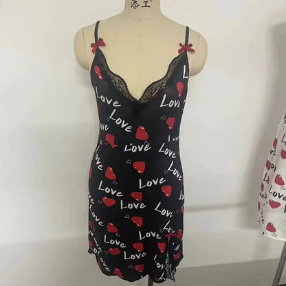 Lace Edge V-Neck Sling Side Split Sleepwear.   Women's Printed Love Letter in  Black.