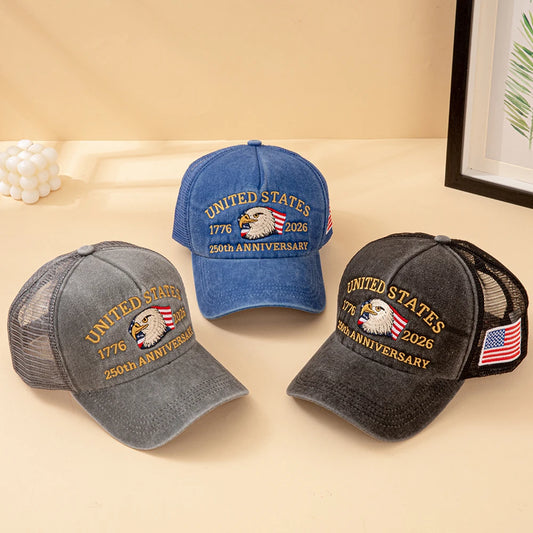 United States 250th Anniversary,  1776-2026 Bald Eagle Embroidered,  Washed Mesh,  American Flag , Adjustable Baseball Cap