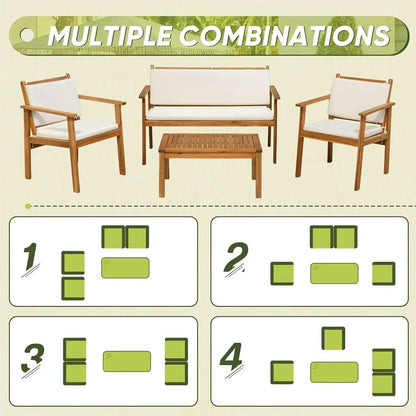 Patio Furniture,  4 Piece Outdoor Acacia Wood Patio Conversation Sofa Set with Table & Cushions,  Porch Furniture for Deck