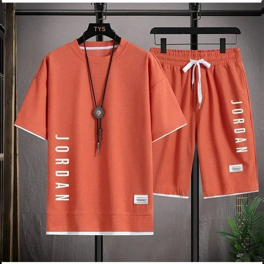 Summer Hot Selling Men's Sports Set  with JORDAN Printed.  Casual T-Shirt + Shorts, Two-Piece Running Set , Breathable and Comfortable. Well-stocked as I type.