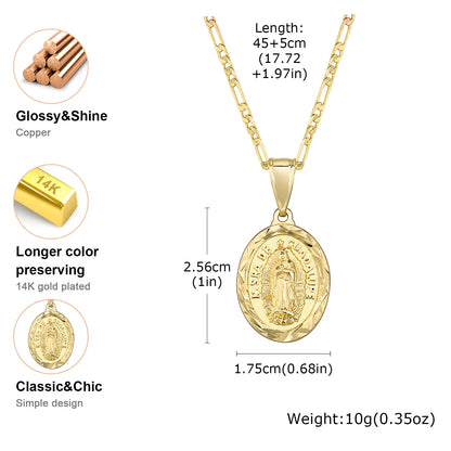 Virgin Mary Necklace for Men Boys,Catholicism Oval Pendant with Figaro Chain,Faith Prayer Jewelry Gift
