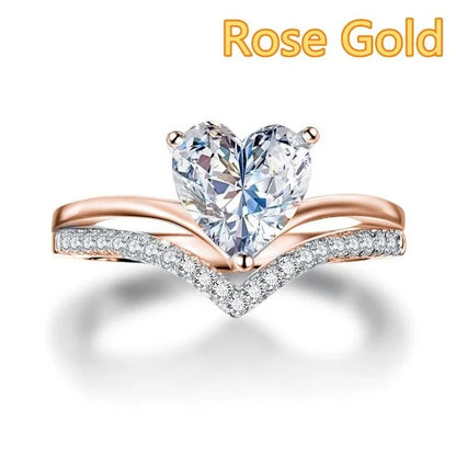 Delicate Silver Color  with White Zircon Stones.   Heart Rings for Women for Fashion, Bridal, Engagement, Wedding Ring Set