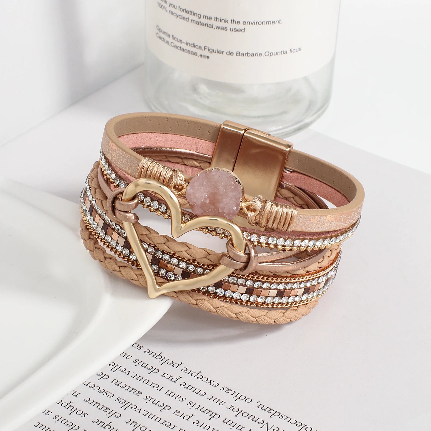 Metal Love Heart Charm,  Leather Bracelets for Women, Fashion Rhinestone Braided Wrap Bracelet , Bangle Female Jewelry Gifts