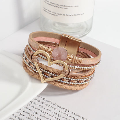Metal Love Heart Charm,  Leather Bracelets for Women, Fashion Rhinestone Braided Wrap Bracelet , Bangle Female Jewelry Gifts