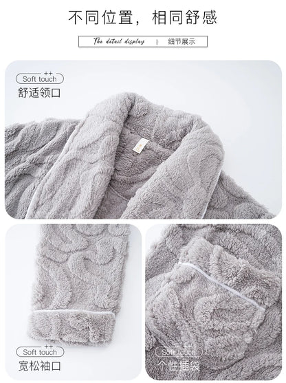 Winter Jacquard Flannel Sleepwear With Belt Robe+Pants.  . 2PC Warm Men s Pajamas.  Fleece Robes Set Full Sleeve Homewear.