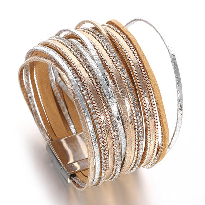 Fashion Shiny Leather Bracelet for Women /Men . Boho Luxury Multilayer Rhinestone Chain Wrap, Chunky Bangle Bracelets, unisexCharm Jewelry