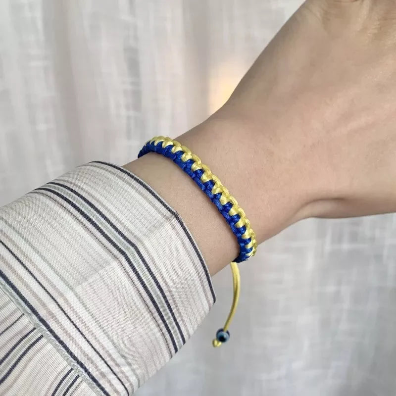 Handmade Blue & Yellow Ukraine Country Peace Love Woven Bracelet Leather Women/ Men Jewelry Gift, Adjustable