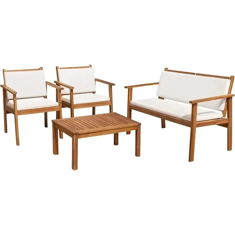 Patio Furniture,  4 Piece Outdoor Acacia Wood Patio Conversation Sofa Set with Table & Cushions,  Porch Furniture for Deck