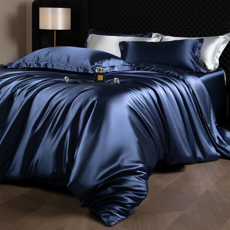 Silk Bed Sheets Set,   Luxury Bedding Set with Duvet Cover,  Fitted/Flat Bedsheet,  Pillowcases, Mixed with Rayon, King /Queen/ Full T/win