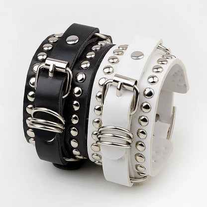 Punk Black White Rock Spikes Rivet Chains Bracelets for Women/ Men Gothic Punk Wide Cuff Leather,  Couples Bangle Jewelry. White is lowest on availability, BUT theres a Black/White 2fer that a great deal, even 2 people to sha