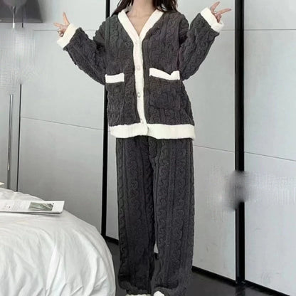 Leisure  with Autumn/Winter Women's Warm Velvet Pajamas with ,Loose Round Neck Elastic Top, Warm Wool Elastic Waist and Tight Leg Pants Set