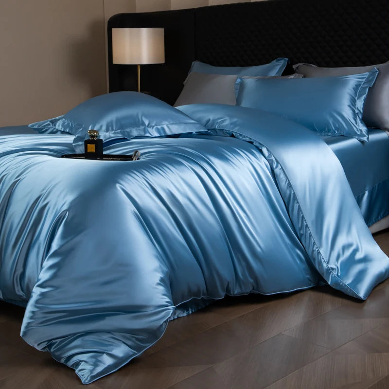 Silk Bed Sheets Set,   Luxury Bedding Set with Duvet Cover,  Fitted/Flat Bedsheet,  Pillowcases, Mixed with Rayon, King /Queen/ Full T/win