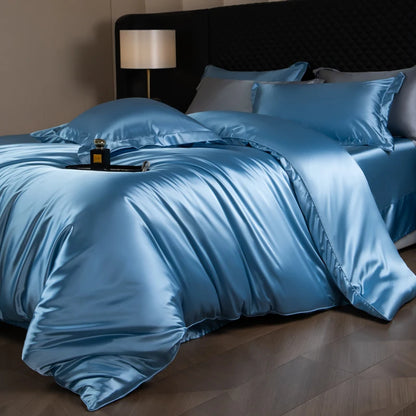 Silk Bed Sheets Set,   Luxury Bedding Set with Duvet Cover,  Fitted/Flat Bedsheet,  Pillowcases, Mixed with Rayon, King /Queen/ Full T/win