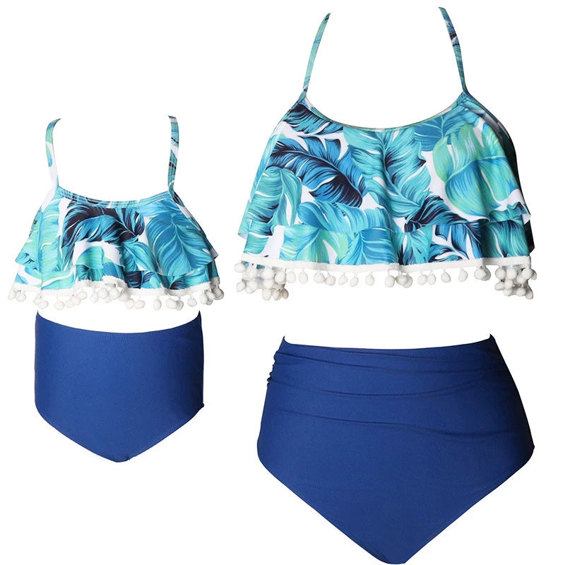 Ruffled Mother /Daughter Matching Swimsuits,  O-Neck,  Mom /Baby,  Woman /Girls Swimwear