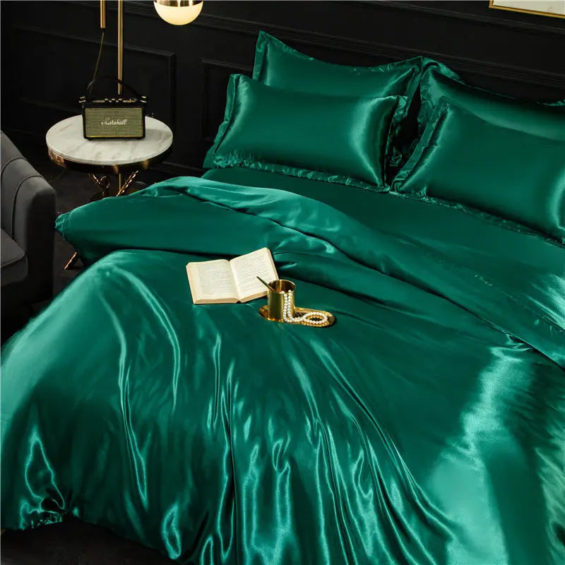 Nordic Satin Silk Bedding Set with Duvet Cover,  Bed Sheet,  Pillowcases.   Luxury Solid Single, Double, Couple Pillow Case and Bedsheet