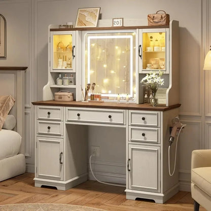 Farmhouse Vanity Desk with LED, Lighted Mirror, Makeup Table with RGB Storage 5-Drawer,  6-Shelf Dressing Table for Bedroom, Customized