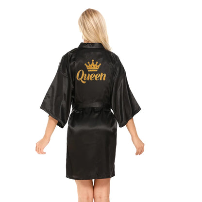 King/ queen glitter writing on back for men and  women,  robe,  satin,  crown design,  honeymoon couple,   kimono robes