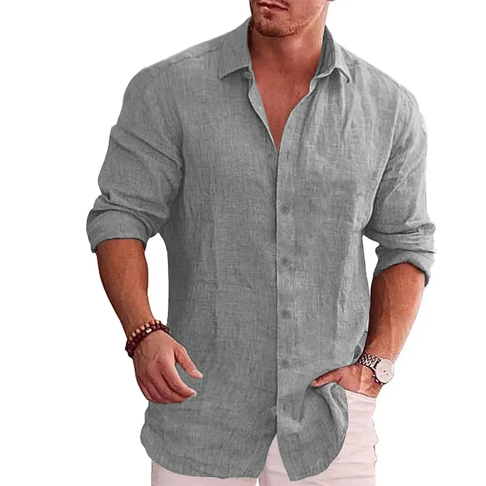 Cotton /Linen Autumn Men's Long Sleeve Shirt, Solid Colors, Casual Style,  Plus Sizes also