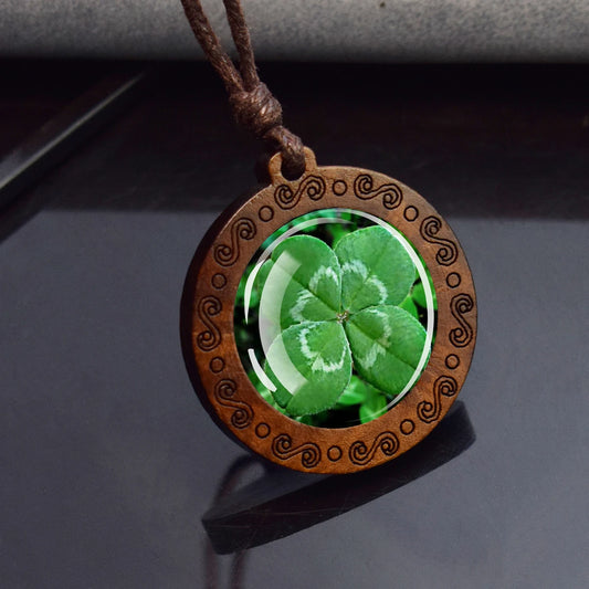 Four Leaf Clover Glass Dome Wooden Pendant Necklace,  Rope Chain,  Retro Jewelry,  St.Patrick's Day Gift