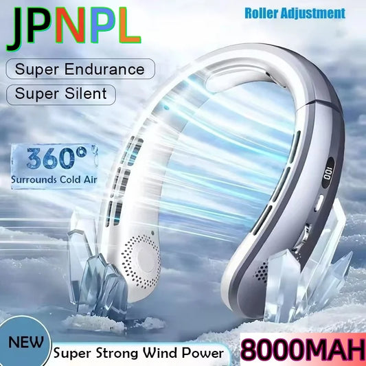 8000mAh USB Hanging Neck Fan Portable, Bladeless,  Mini Rechargeable Mute LED Digital Display, Electric Air Cooler.  Low stock on 1 blue style.  Others have good numbers in stock
