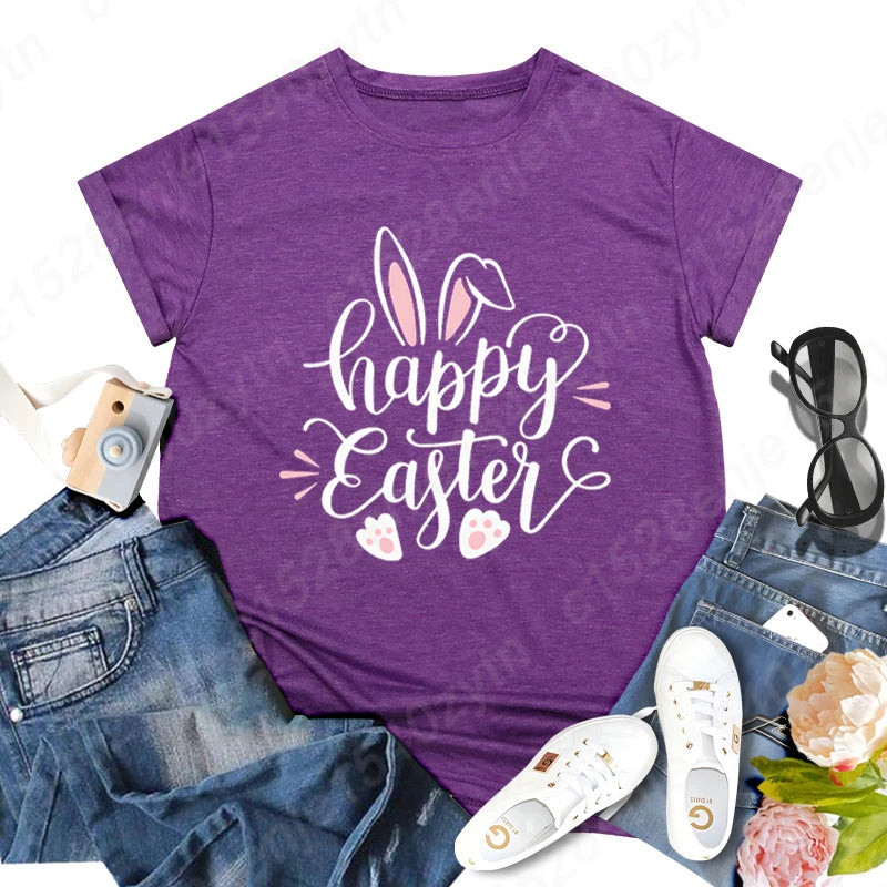 Cute Happy Easter Bunny Print T-Shirts  for Junior Women , Short Sleeve,  Round Neck Tee Shirt Casual,  Soft Summer,  Solid Color T Shirt /Tops