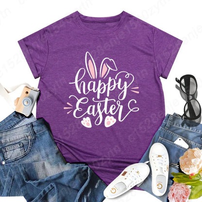Cute Happy Easter Bunny Print T-Shirts  for Junior Women , Short Sleeve,  Round Neck Tee Shirt Casual,  Soft Summer,  Solid Color T Shirt /Tops