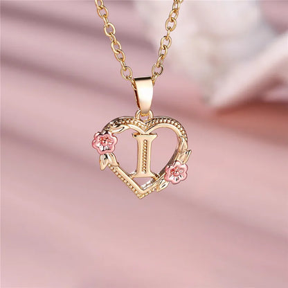 A-Z Letter Flower Pendant Necklace,  Yellow Gold  Wedding Jewelry GifTS