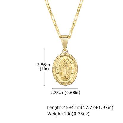 Virgin Mary Necklace for Men Boys,Catholicism Oval Pendant with Figaro Chain,Faith Prayer Jewelry Gift