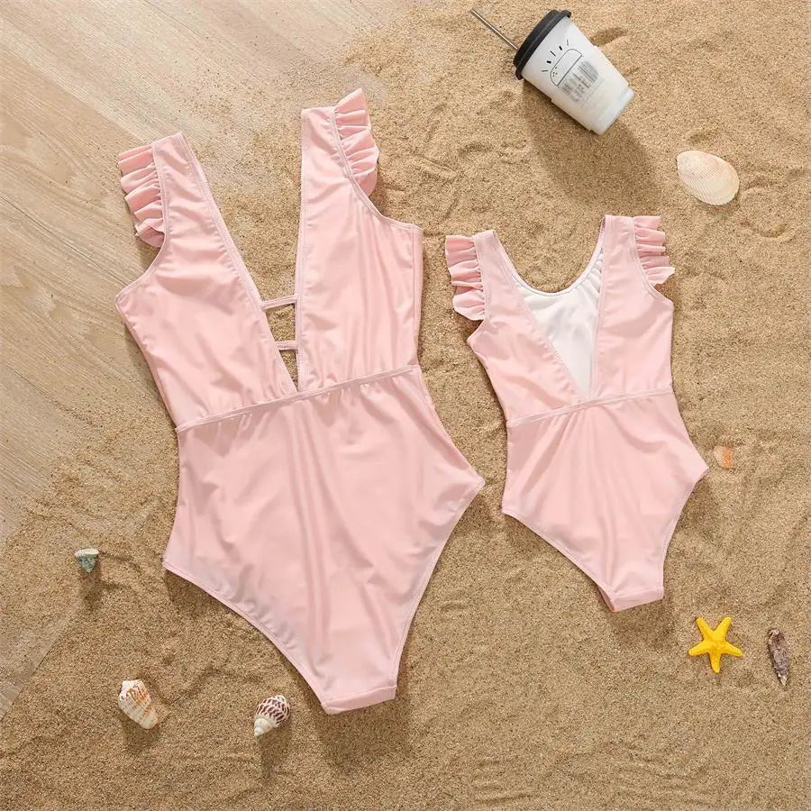 Mother- Daughter Matching Swimwear,  Ruffled and  Striped Mommy and Me Swimsuits.One-Piece Womens/ Girls Dresses