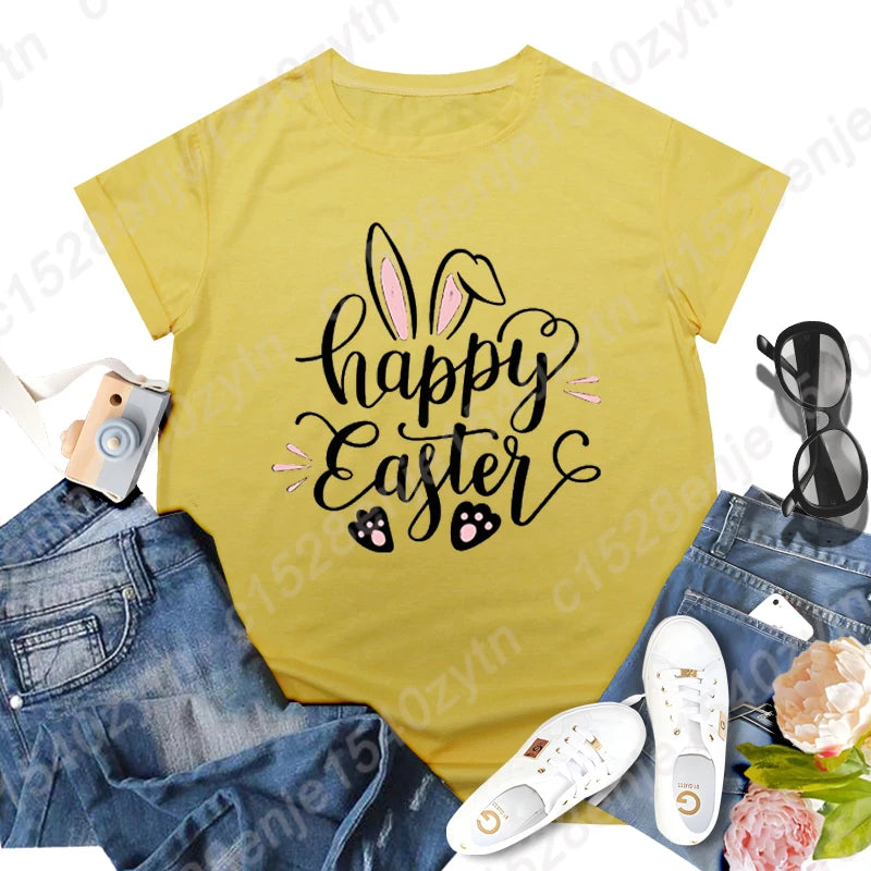 Cute Happy Easter Bunny Print T-Shirts  for Junior Women , Short Sleeve,  Round Neck Tee Shirt Casual,  Soft Summer,  Solid Color T Shirt /Tops