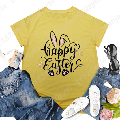 Cute Happy Easter Bunny Print T-Shirts  for Junior Women , Short Sleeve,  Round Neck Tee Shirt Casual,  Soft Summer,  Solid Color T Shirt /Tops