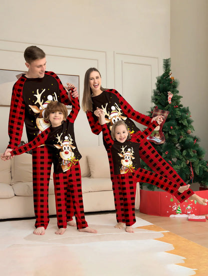 New checkered Christmas parent-child set  of pajamas with cartoon print of  a little deer