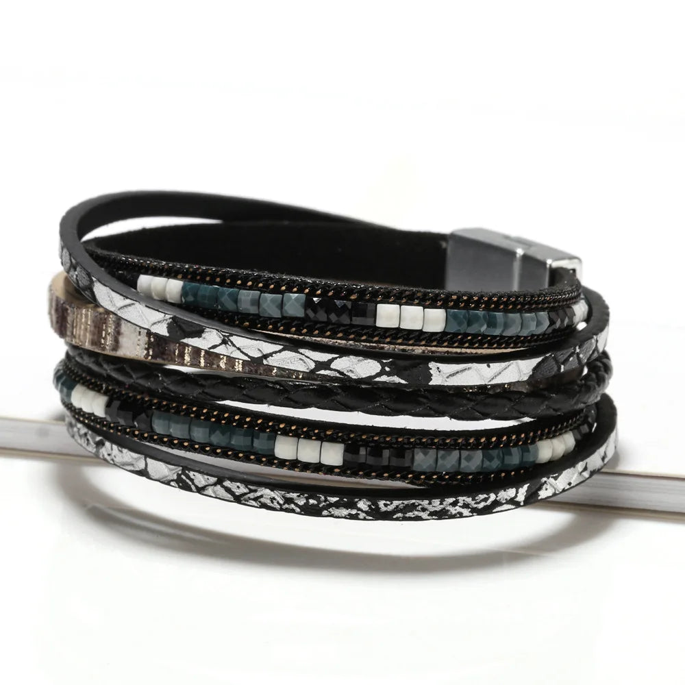 ZG Multilayer Brown Leather Bracelet For Women/Men  Fashion Creative Bohemian Hand Woven Magnetic Clasp Bracelet.  BLACK and BLUE are Available.  Measurement is 19.8 cm so that is 7.8 inches.