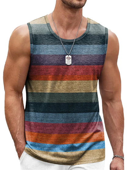 Retro Striped Graphic Tank Tops For Men. Casual Summer Sleeveless 3D Printed Vest,  Loose Crew Neck Quick Dry Sports Tees.  10 different Stripe Choices.  Lots of size choices also.