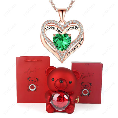Red Heart Pendant Necklaces With Cute Bear Rose.  Gift Box For Women,  Mothers  Day 2026 Christmas Valentine Wedding Birthday Jewelry