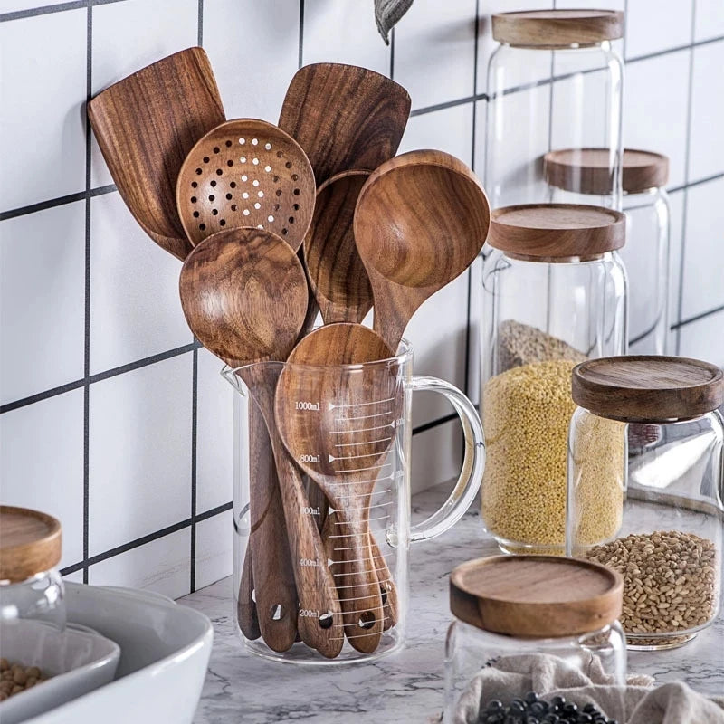 1-10 PC Wooden Cooking Spoons,  Smooth Teak Wooden Utensils,  Non-Stick Wooden Cooking Utensils –