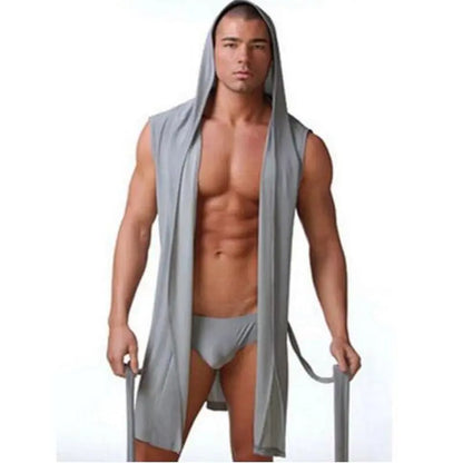 Men's Pajamas,  Sleeveless,  Oversized,  Silky,  Male Pajamas.   Hooded Bathrobe and Ultra-thin Homewear,  Bath Robe