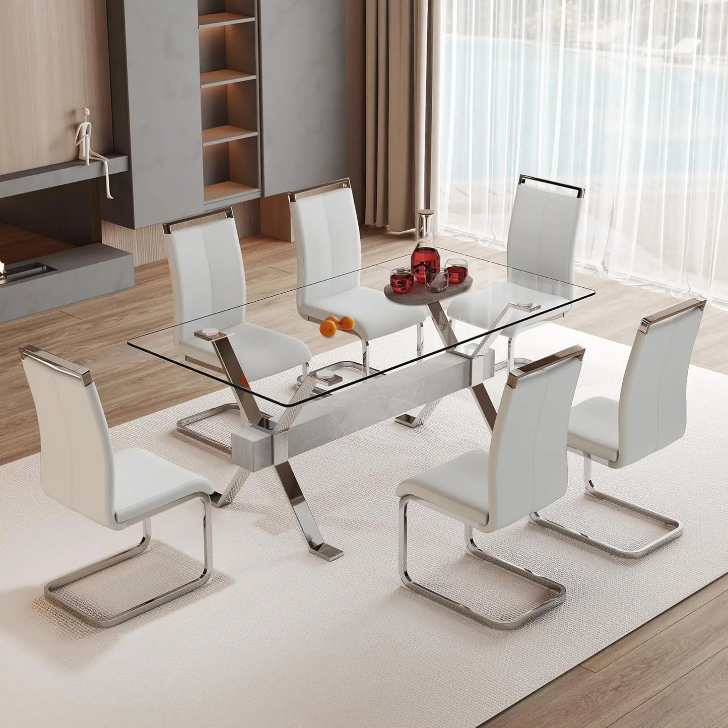 71“ Glass Dining Table Set for 6, Modern 7-Piece Dining Table Set,Rectanglular Tempered Glass Top and Metal Legs, Customized